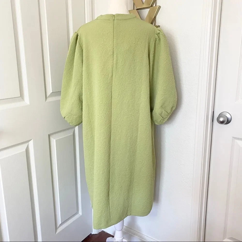 NWT Samsoe Junis ss TarragonâCrew Neck Textured Puff SleeveâDress - Picture 14 of 16